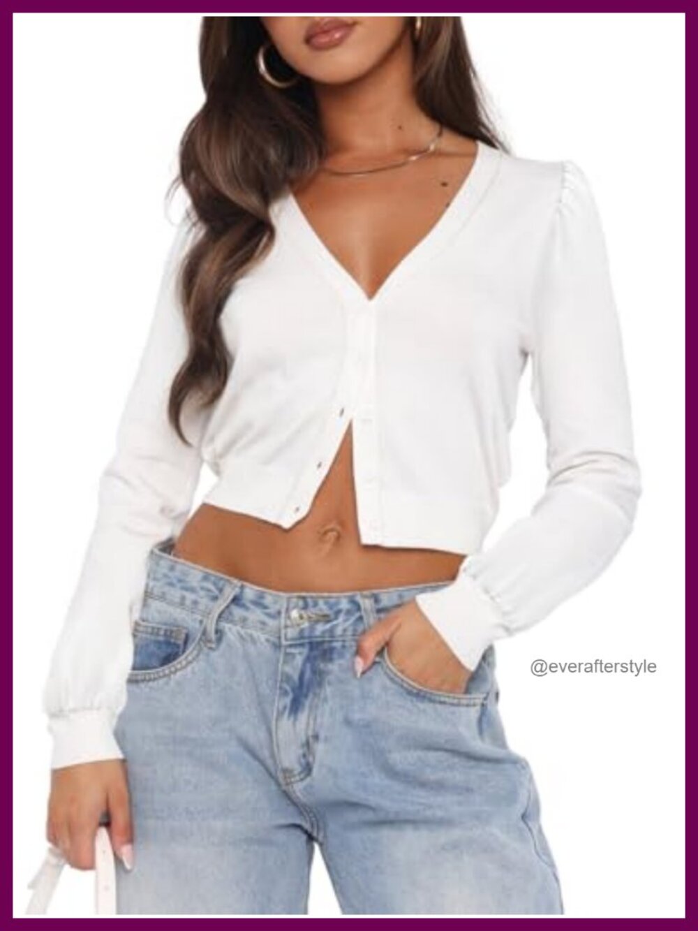 Women's V-Neck Knit Cardigan Lightweight Cropped Puff Sleeve Open Front